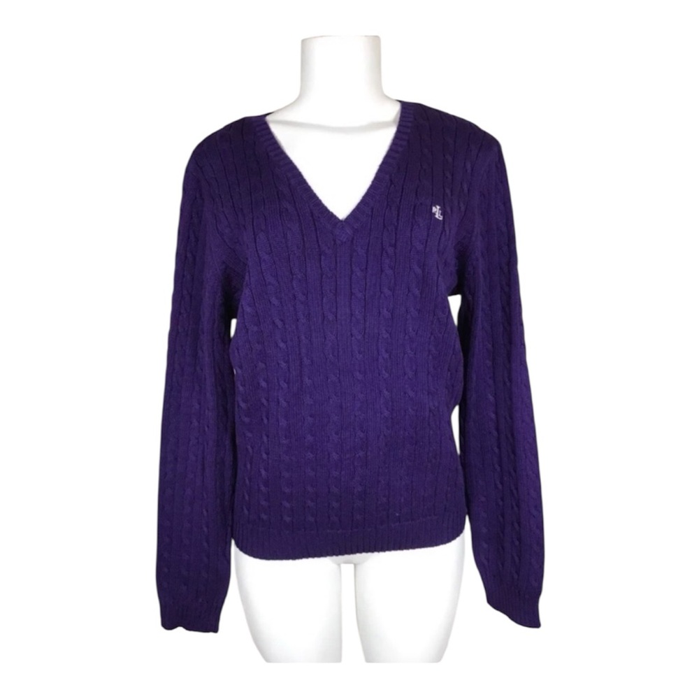 Lauren Ralph Lauren Knit Sweater Purple 100% Cotton V Neck Sz M Heritage Classic